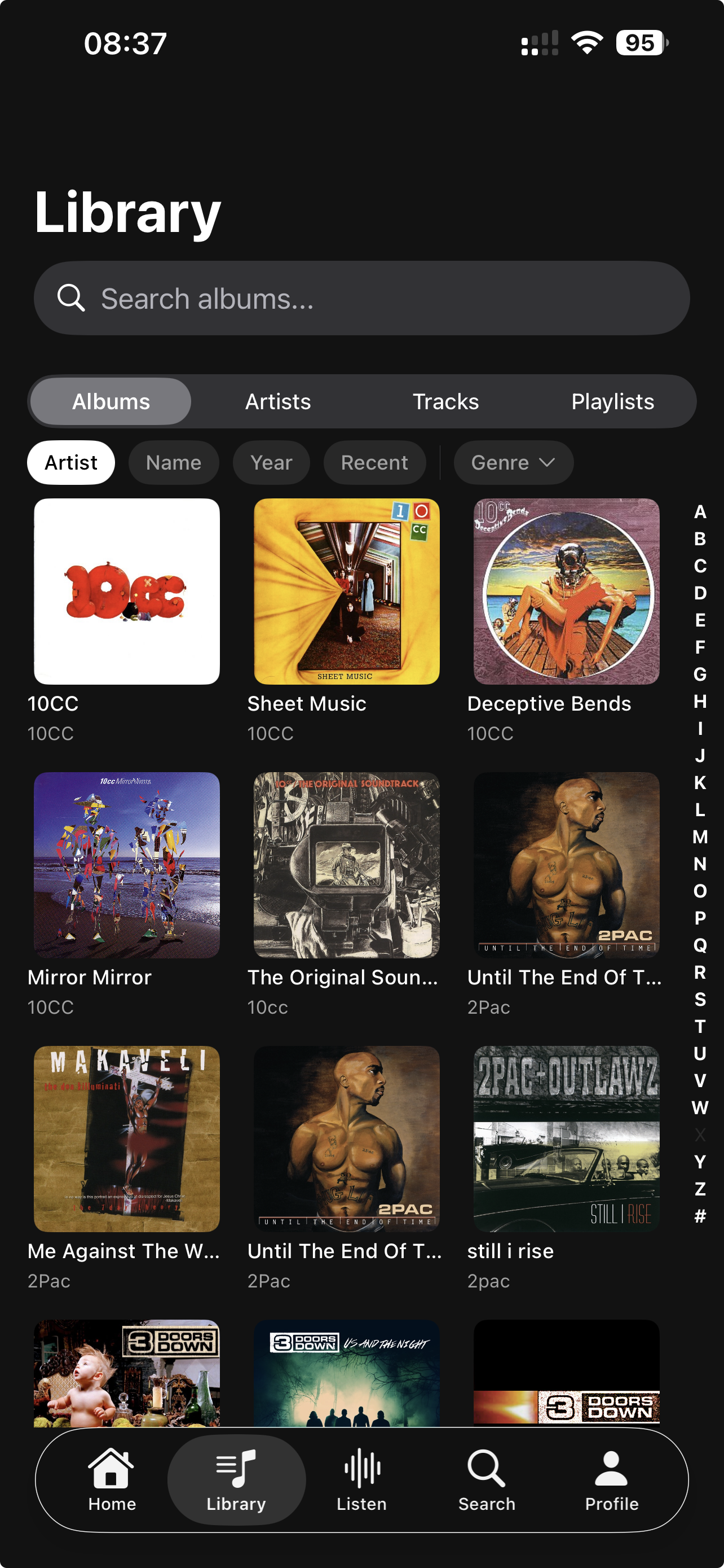 Vynl iOS app — Library view with albums grid